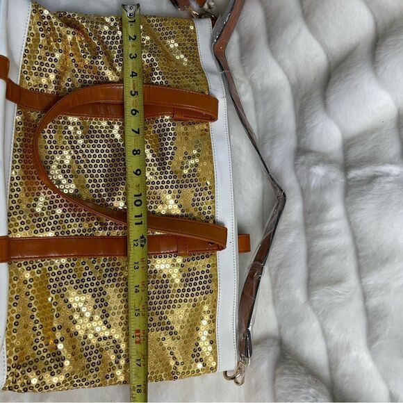 J Francis gold sequins with white and tan faux leather trims tote/shoulder bag. - Picture 5 of 10